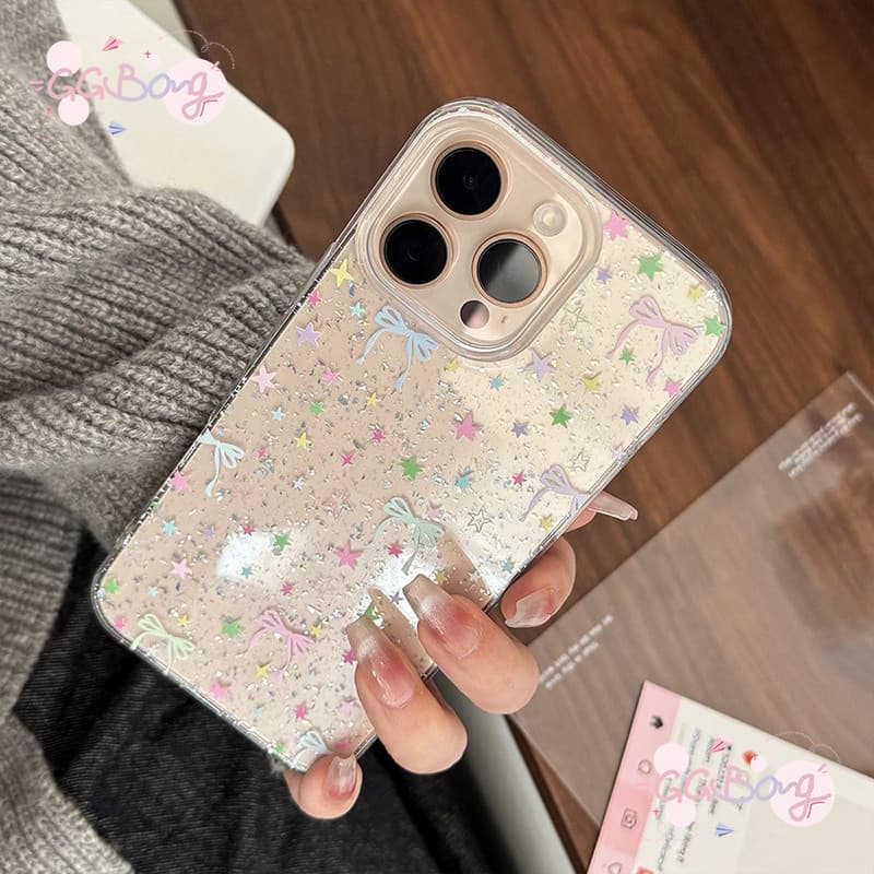 เหมาะสำหรับ IPhone 15 11 17 air 13 12 16 14 Pro Max X XS XR 7 8 Plus ดาวดอกไม้สีสันสดใสผงกากเพชรป้องกันฝาครอบพลาสติก รูปที่ 4