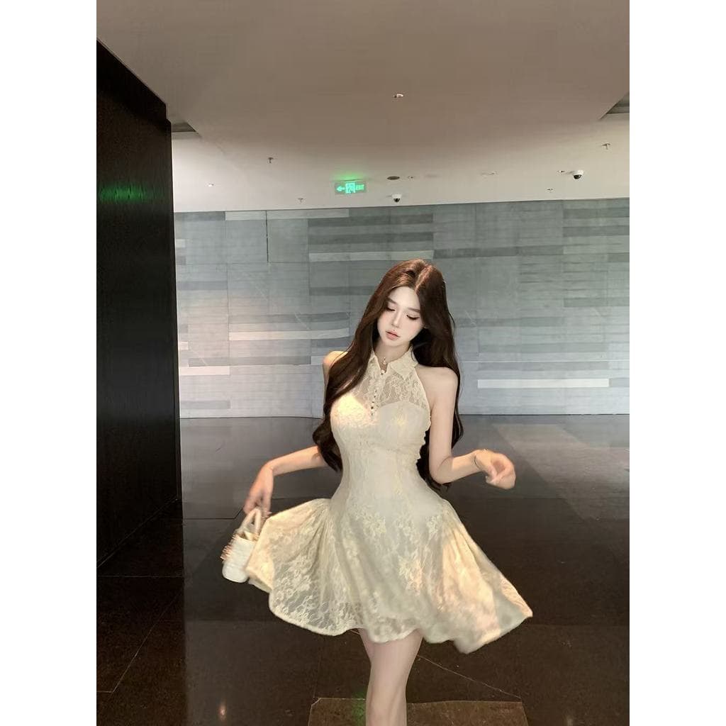 Veewink ชุดเดรสสไตล์ฝรั่งเศส คอฮอล์เตอร์ ไร้แขน ลายลูกไม้ประดับ เอวกระชับ เนื้อผ้าเบาสบาย รูปที่ 9