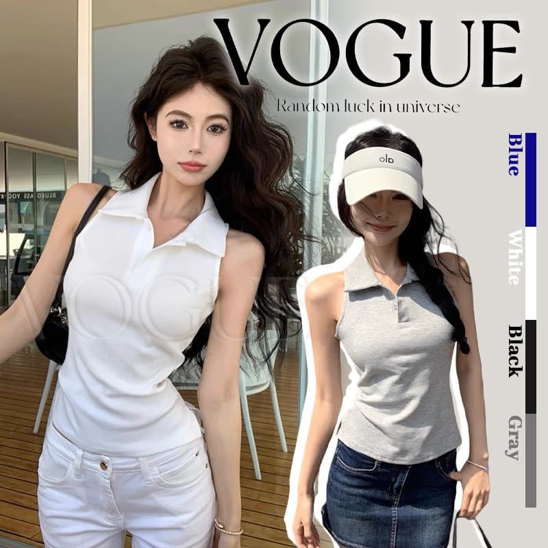 Vogue เสื้อคอปกแขนกุด สีพื้นใส่สบายมาก เสริมฟองน่ำ รูปที่ 1