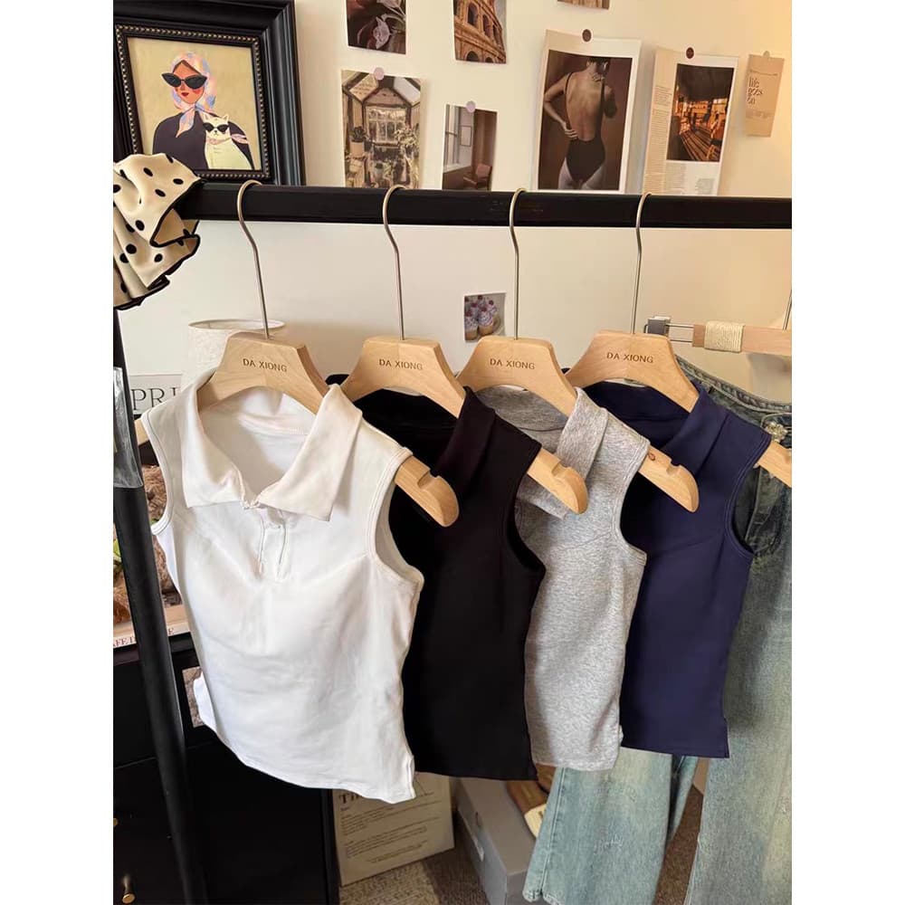 Vogue เสื้อคอปกแขนกุด สีพื้นใส่สบายมาก เสริมฟองน่ำ รูปที่ 8
