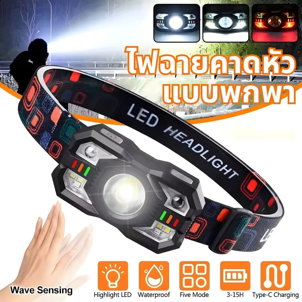 LY SHOP ไฟฉายคาดหัว ขนาดเล็ก รุ่น 5839 กระทัดรัด ไฟคาดศีรษะ ไฟ LED ชาร์จ Type-c ไฟแคมป์ปิ้ง เดินป่า flashlight sensor รูปที่ 1