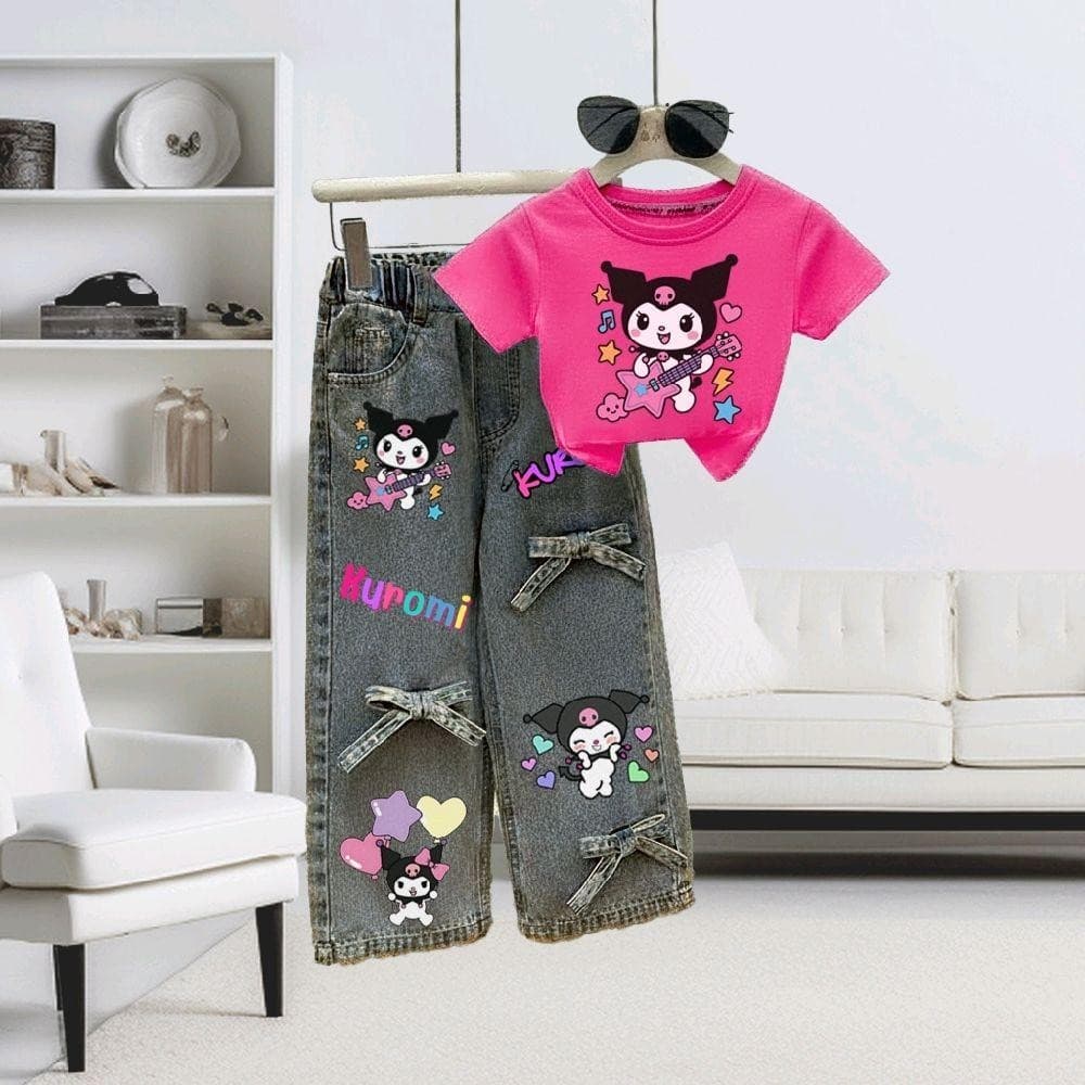 PINKชุดเซ็ทเด็ก2ชิ้น เสื้อสกรีนลายสุดฮิต+กางเกงยีนส์แท้ สกรีนลายแต่งโบว์ รูปที่ 6