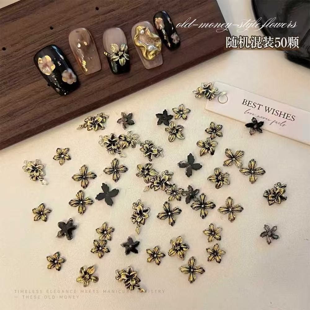 Rou Bao 50 ชิ้นเล็บแกะสลักนุ่มดอกไม้ Retro Gilded ดอกไม้เรซิ่นเล็บ Art DIY Charms ตกแต่ง รูปที่ 2
