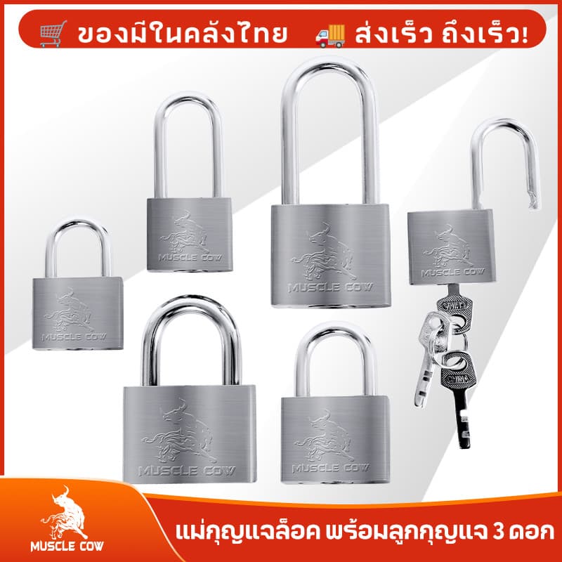 MUSCLE COW แม่กุญแจล็อค กุญแจ พร้อมลูกกุญแจ 3 ดอก สีเงิน 30mm 40mm 50mm 60mm ยาวและสั้น รูปที่ 1
