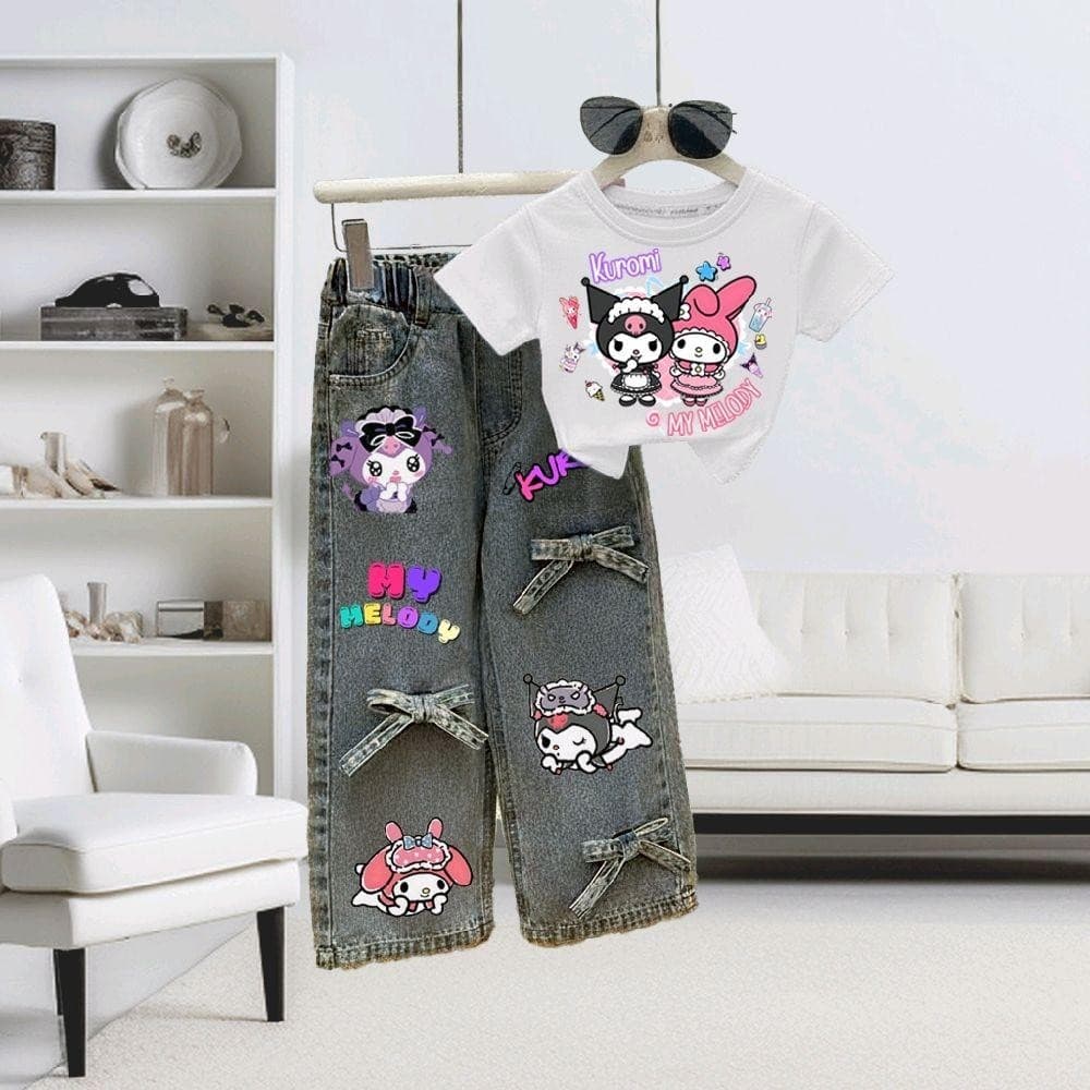 PINKชุดเซ็ทเด็ก2ชิ้น เสื้อสกรีนลายสุดฮิต+กางเกงยีนส์แท้ สกรีนลายแต่งโบว์ รูปที่ 5
