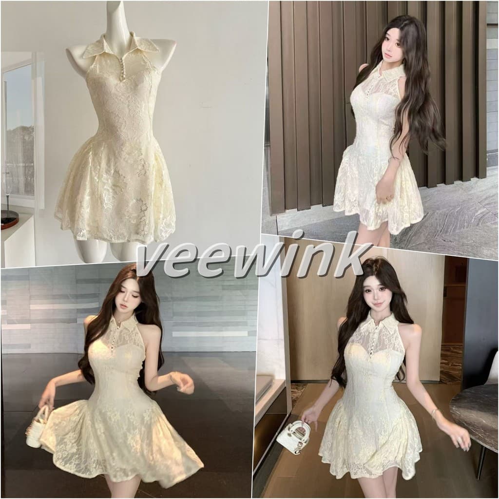 Veewink ชุดเดรสสไตล์ฝรั่งเศส คอฮอล์เตอร์ ไร้แขน ลายลูกไม้ประดับ เอวกระชับ เนื้อผ้าเบาสบาย รูปที่ 1