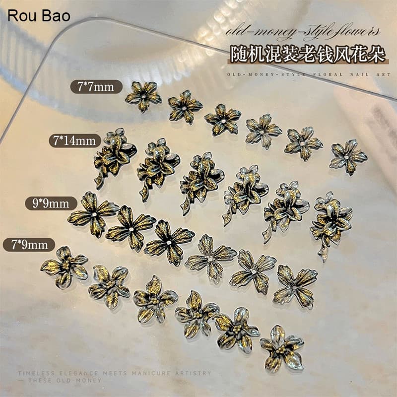 Rou Bao 50 ชิ้นเล็บแกะสลักนุ่มดอกไม้ Retro Gilded ดอกไม้เรซิ่นเล็บ Art DIY Charms ตกแต่ง รูปที่ 1