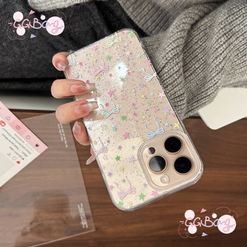 เหมาะสำหรับ IPhone 15 11 17 air 13 12 16 14 Pro Max X XS XR 7 8 Plus ดาวดอกไม้สีสันสดใสผงกากเพชรป้องกันฝาครอบพลาสติก รูปที่ 5