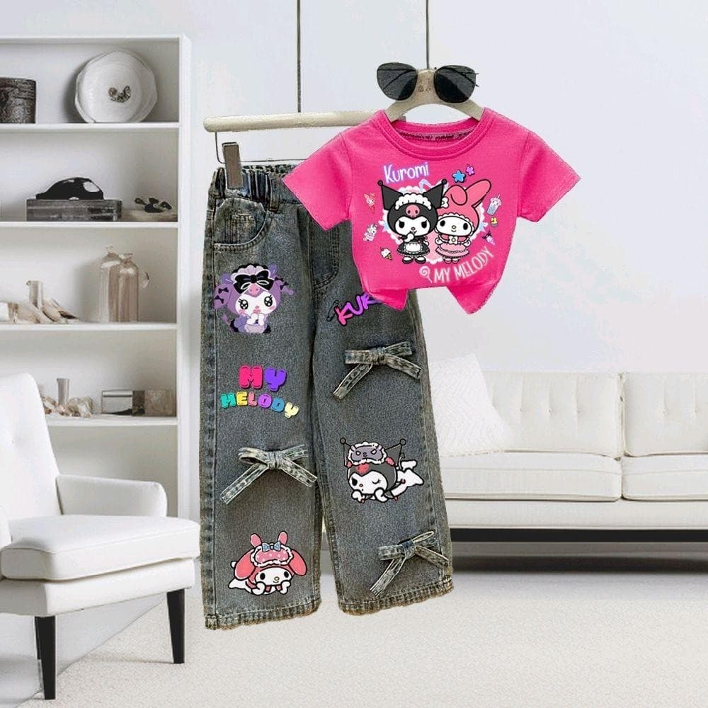 PINKชุดเซ็ทเด็ก2ชิ้น เสื้อสกรีนลายสุดฮิต+กางเกงยีนส์แท้ สกรีนลายแต่งโบว์ รูปที่ 3