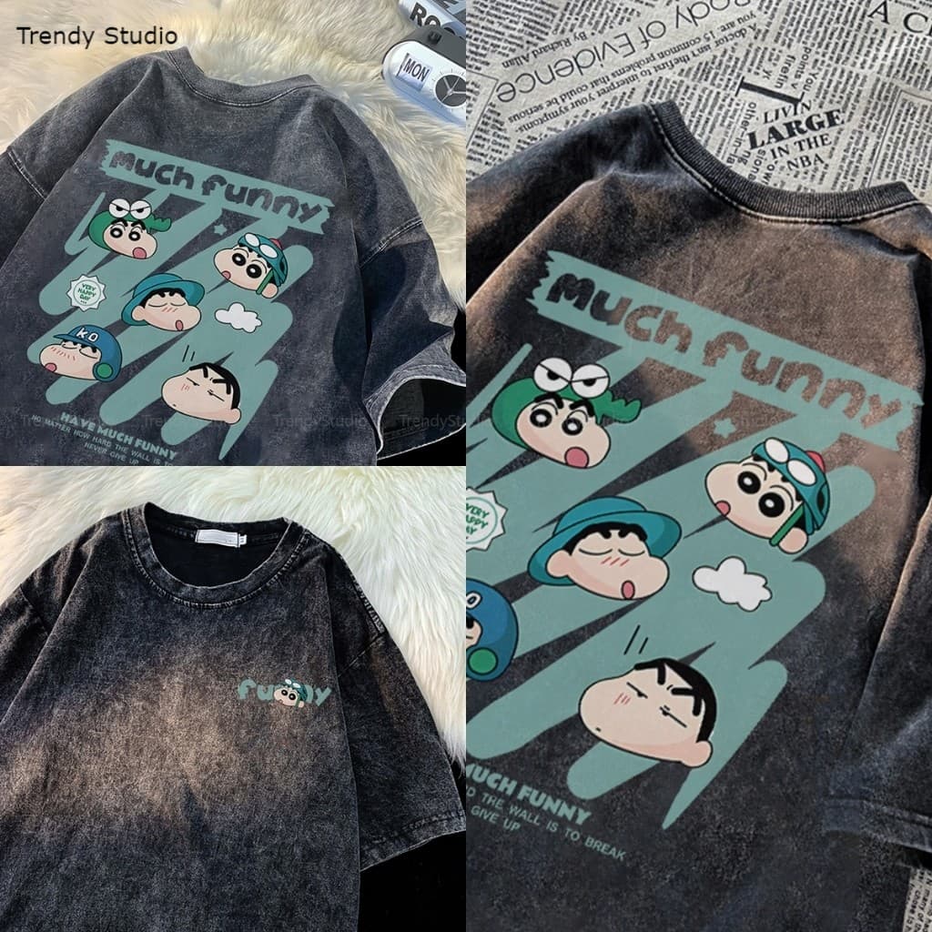 เสื้อยืดชินจัง เสื้อฟอก การ์ตูนน่ารักๆ ผ้าคอตตอน100% แฟชั่นหน้าร้อน oversize Washed T-shirt M-XXXL รูปที่ 5