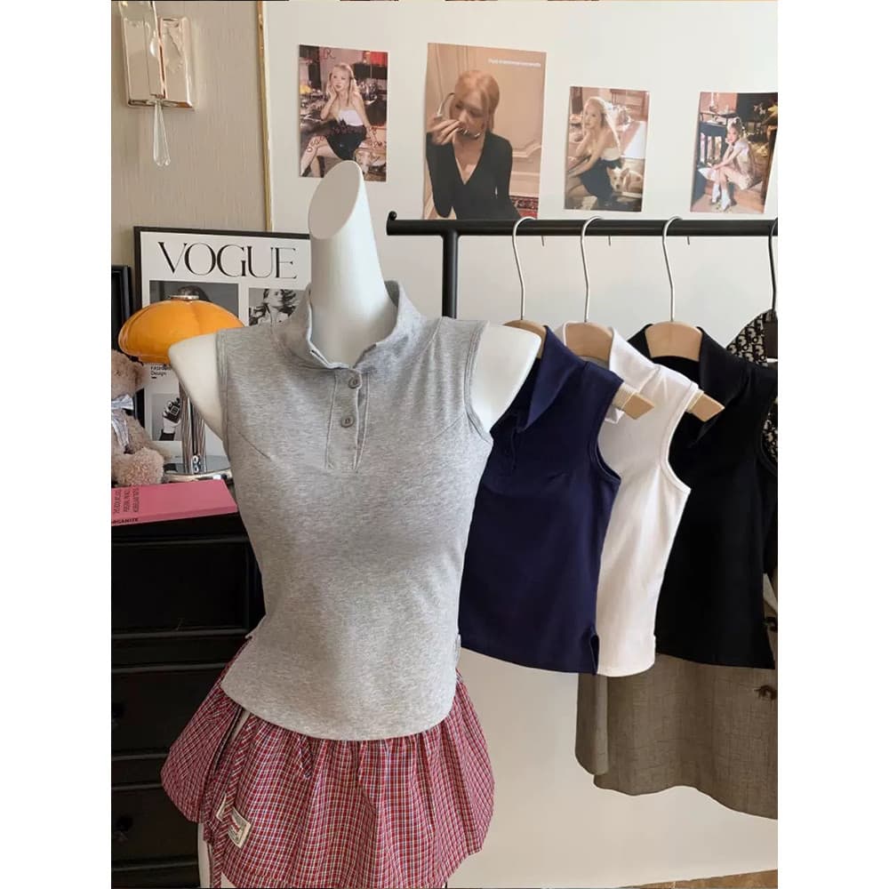 Vogue เสื้อคอปกแขนกุด สีพื้นใส่สบายมาก เสริมฟองน่ำ รูปที่ 7