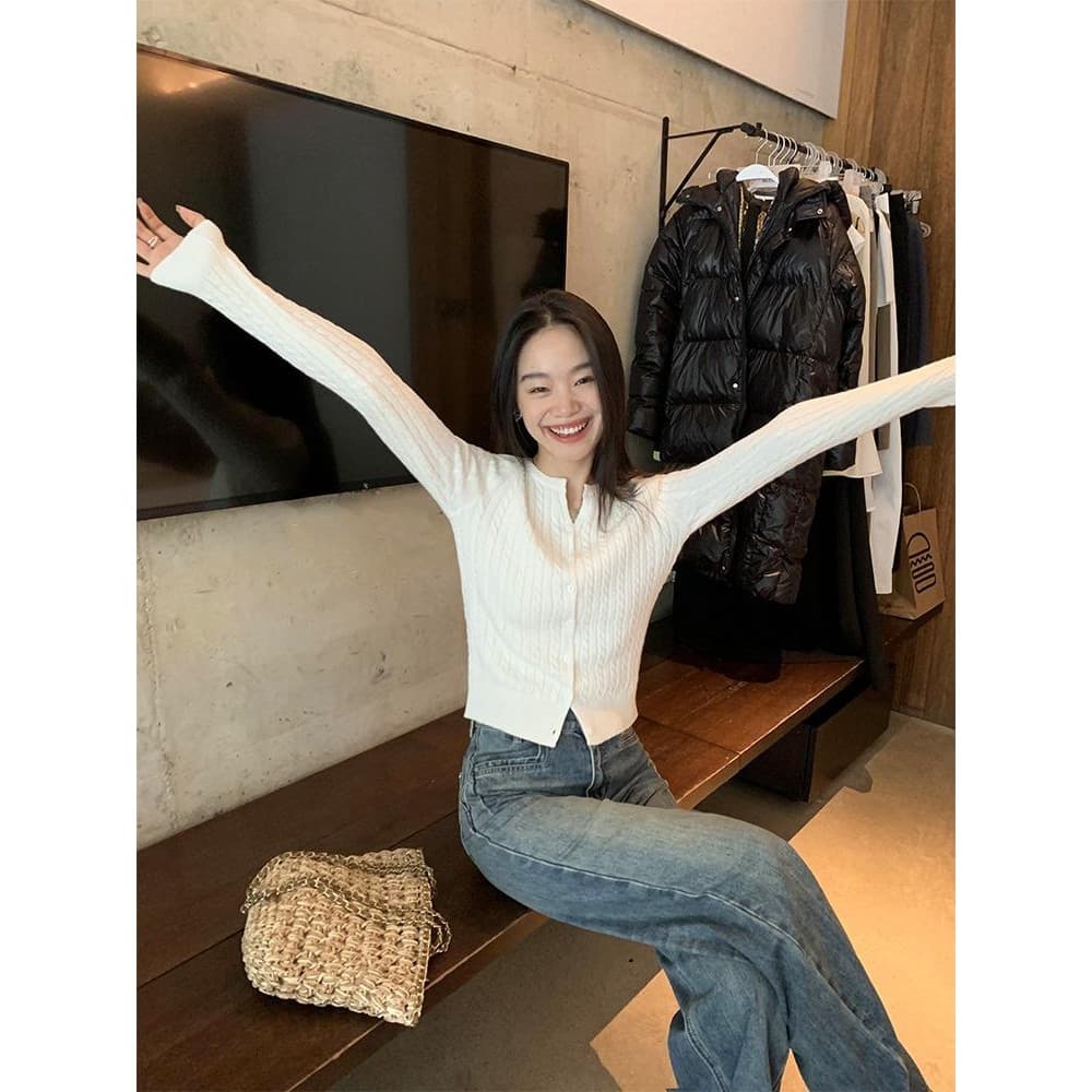 Chili Koko เสื้อแจ็คเก็ตคาร์ดิแกนถักสั้นสีเทาสำหรับผู้หญิง ทรงเข้ารูปแขนยาวอเนกประสงค์ฤดูใบไม้ร่วง R023 รูปที่ 8