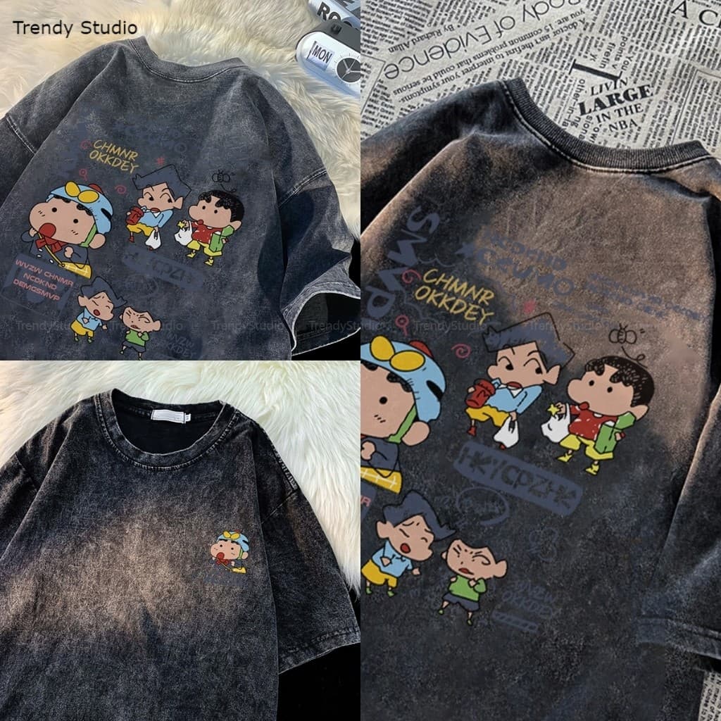 เสื้อยืดชินจัง เสื้อฟอก การ์ตูนน่ารักๆ ผ้าคอตตอน100% แฟชั่นหน้าร้อน oversize Washed T-shirt M-XXXL รูปที่ 7