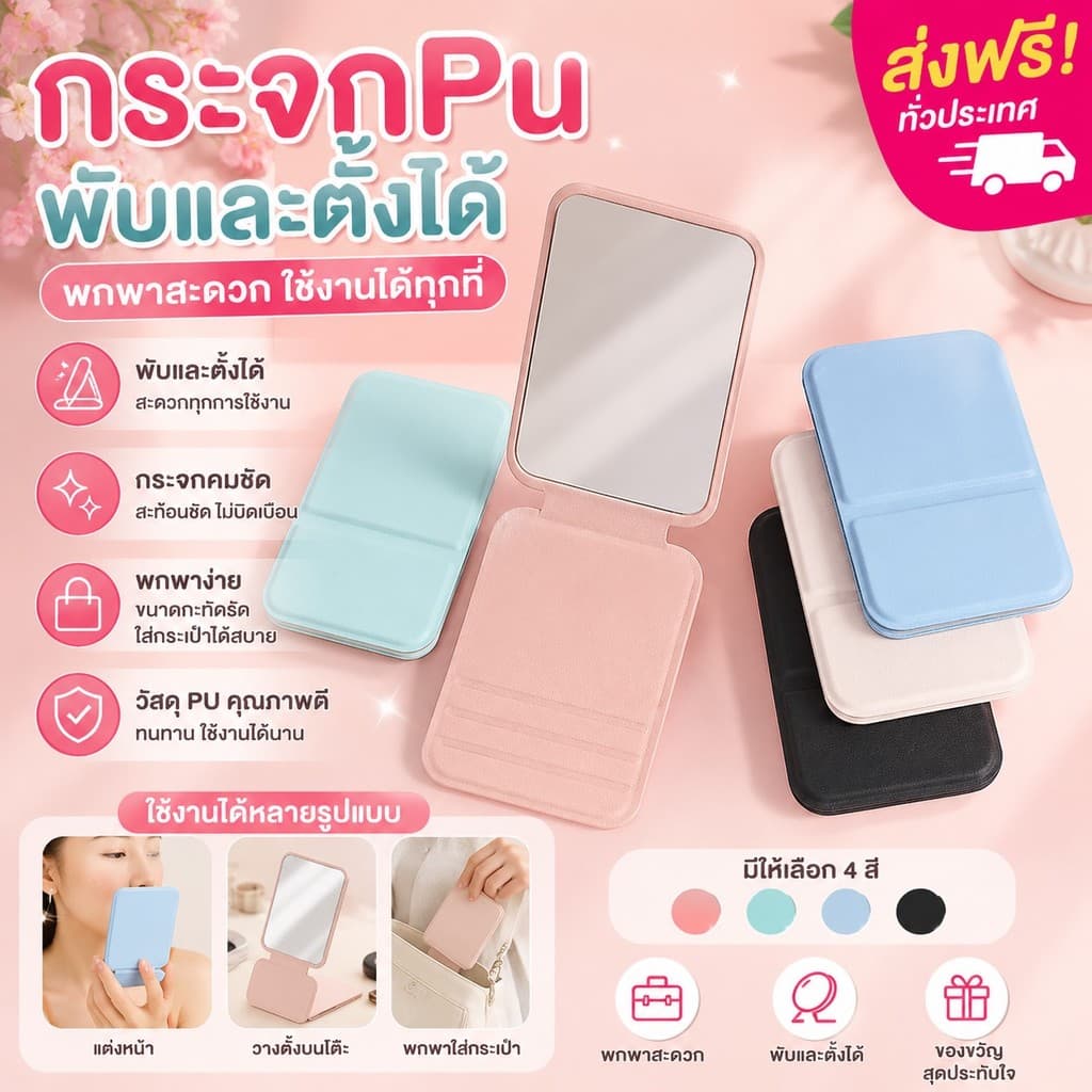 GTRmall กระจกพับสี่เหลียม กระจกแต่งหน้า หนัง PU ขนาดพกพา แบบบาง ตั้งได้ กระจกแต่งหน้าพกพา รูปที่ 1
