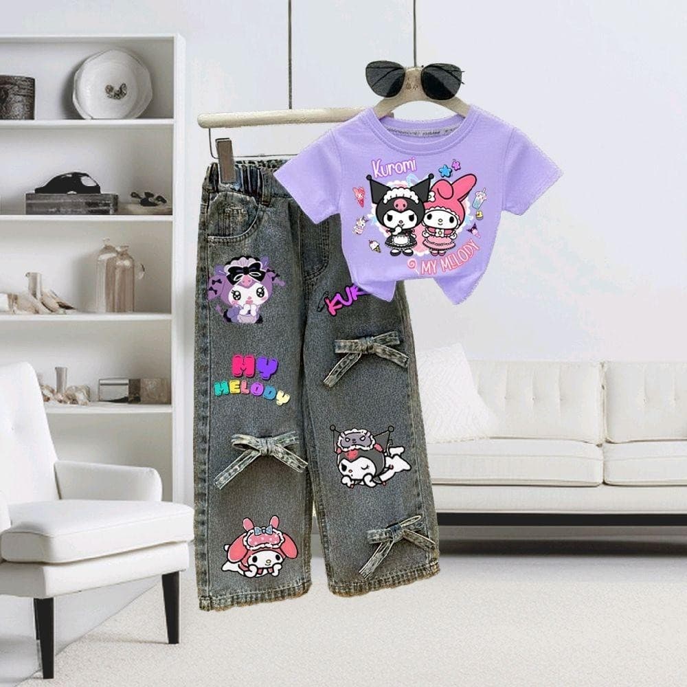 PINKชุดเซ็ทเด็ก2ชิ้น เสื้อสกรีนลายสุดฮิต+กางเกงยีนส์แท้ สกรีนลายแต่งโบว์ รูปที่ 2