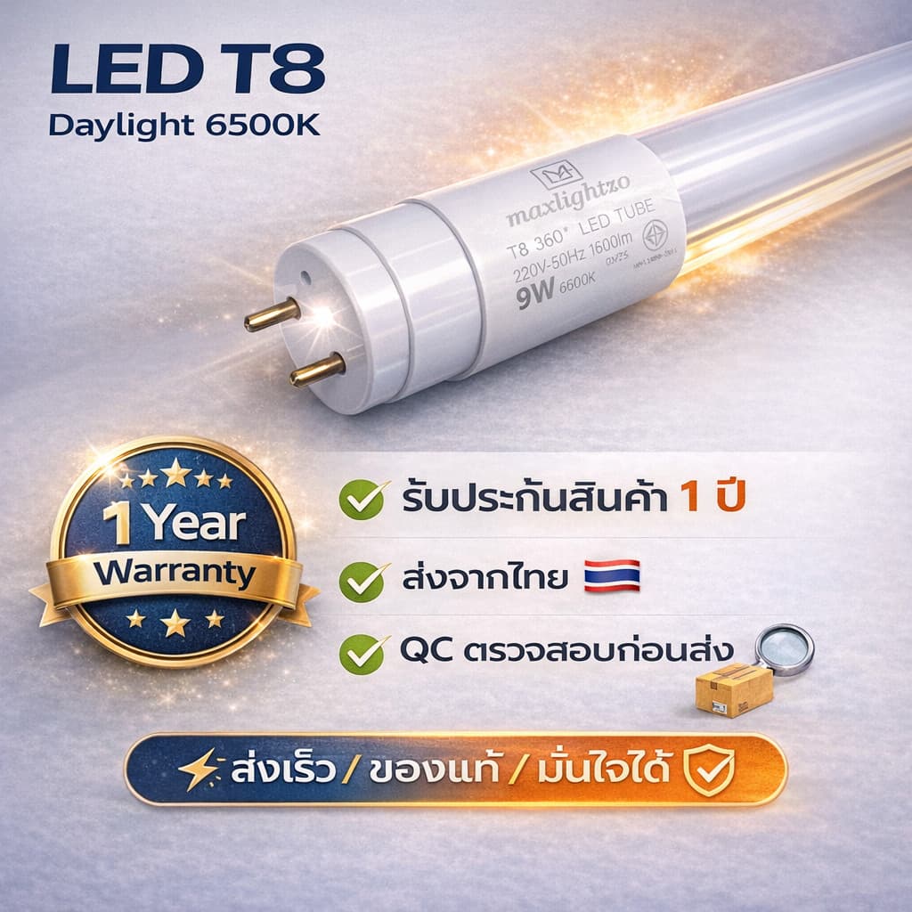 สว่างจัดเต็ม รางไฟพร้อมหลอด LED T8 9W 60ซม. 1600lm แสงขาว 6500K ต่อไฟตรง 220V หลอดนีออน LED พร้อมติดตั้ง รับประกัน 1 ปี รูปที่ 6