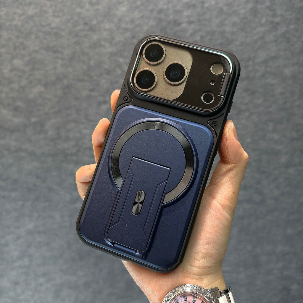 หรูหราขาตั้งพับในตัวสร้างสรรค์พลิกเลนส์ป้องกันป้องกันลายนิ้วมือเคสโทรศัพท์แม่เหล็กสําหรับiPhone 11 12 13 14 15 16 17 Pro Max Air Plusกันกระแทกกลับกรณี รูปที่ 5