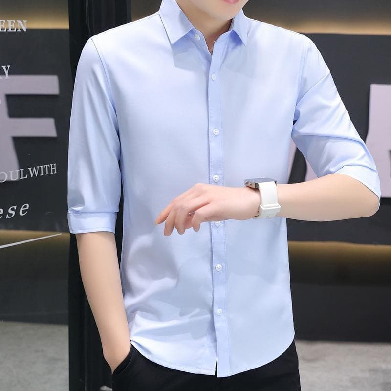 เสื้อแขน3/4ผู้ชาย ลายสไตล์เกาหลี สลิมฟิต ผ้าไหมน้ำแข็ง เหมาะสำหรับใส่ทำงานหรือลำลอง รูปที่ 2