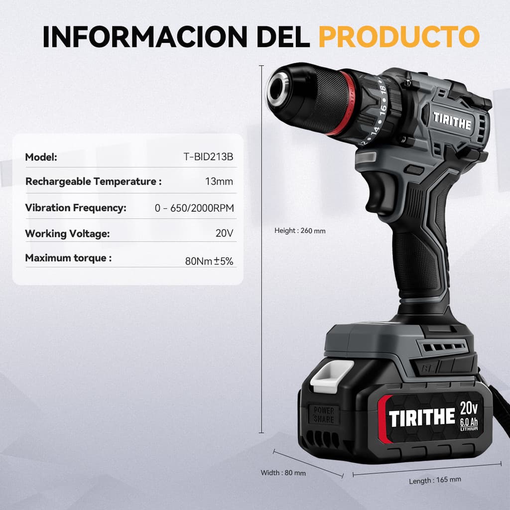 สว่านไร้สายแบบไร้แปรง 13MM เครื่องมือระดับโปร พร้อมแบตเตอรี่ 2 ก้อน – TIRITHE Professional Cordless Drill รูปที่ 3