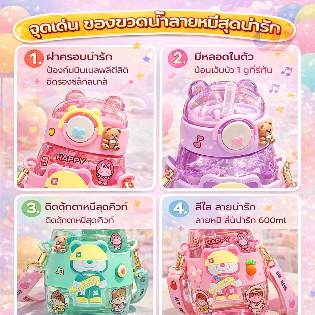 สะพายข้างได้ ขวดน้ำเด็ก600MLความจุสูง หลากหลายรูปแบบให้เลือก รูปแบบการ์ตูนน่ารัก การ์ตูนสุดฮิตปลอดภัย สดใสขวดน้ำคุณภาพดี รูปที่ 8