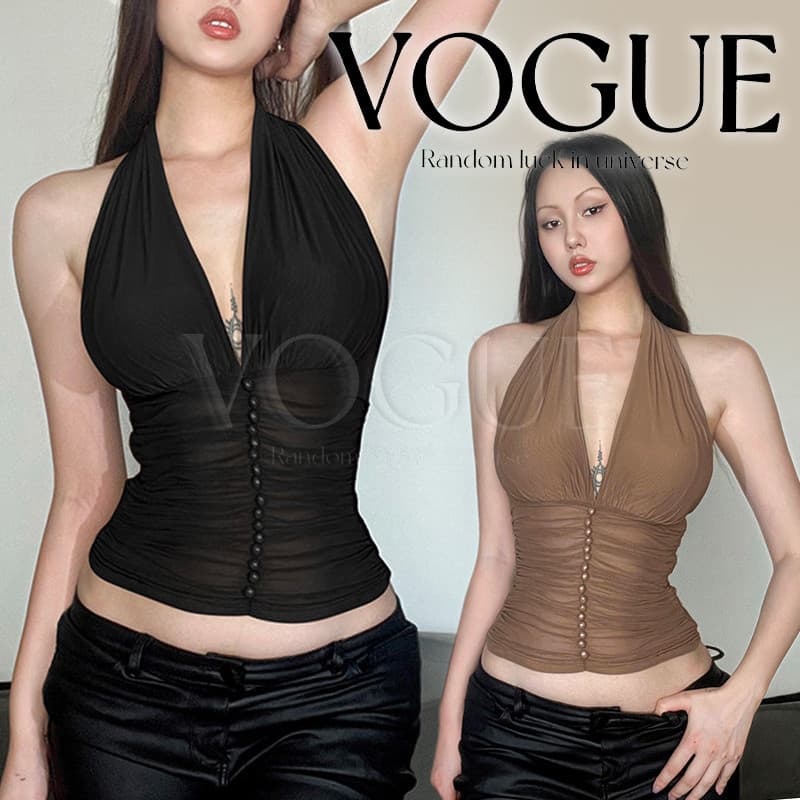 Vogue เสื้อคล้องคอเปิดไหล่ แต่งกระดุมกลม เรียบหรู ใส่สบาย ไม่มีฟองน้ำ รูปที่ 1