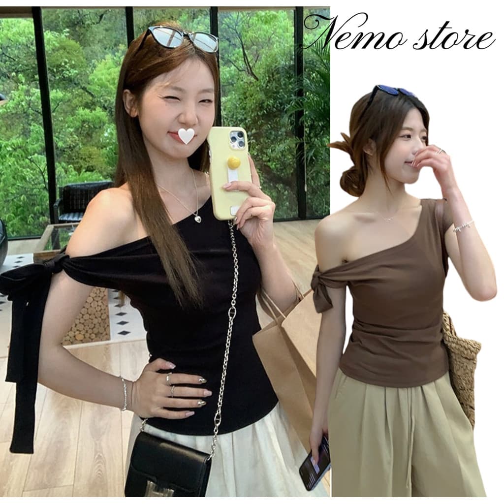 Nemo#FY5179 เสื้อยืดแขนกุด เปิดไหล่ ดีเทลผูกโบว์ สีพื้น ใส่ได้2แบบ มีฟองน้ำ รูปที่ 1