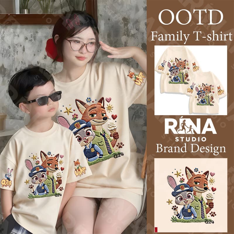 🔥พร้อมส่ง&COD🔥RINA STUDIO🔥 ชุดครอบครัว เสื้อยืดคอกลมแขนสั้น 100%ผ้าฝ้าย ลายตัวการ์ตูนปักอาร์ตสุดน่ารัก A223#2