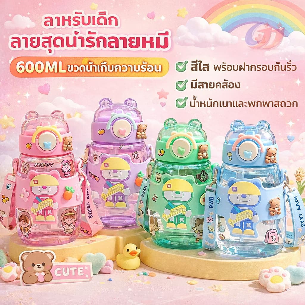 สะพายข้างได้ ขวดน้ำเด็ก600MLความจุสูง หลากหลายรูปแบบให้เลือก รูปแบบการ์ตูนน่ารัก การ์ตูนสุดฮิตปลอดภัย สดใสขวดน้ำคุณภาพดี รูปที่ 2