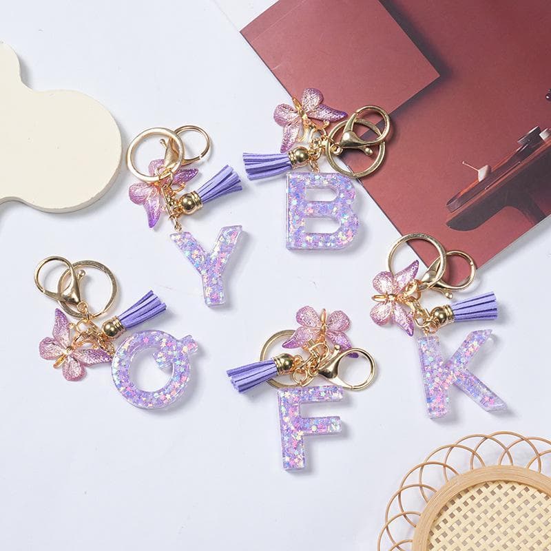 ลายดาวสีม่วง, อักษรย่อ 26 ตัว, จี้พู่ผีเสื้อ, พวงกุญแจ, ของตกแต่งกระเป๋า, อุปกรณ์ตกแต่งรถยนต์, ของขวัญ รูปที่ 2