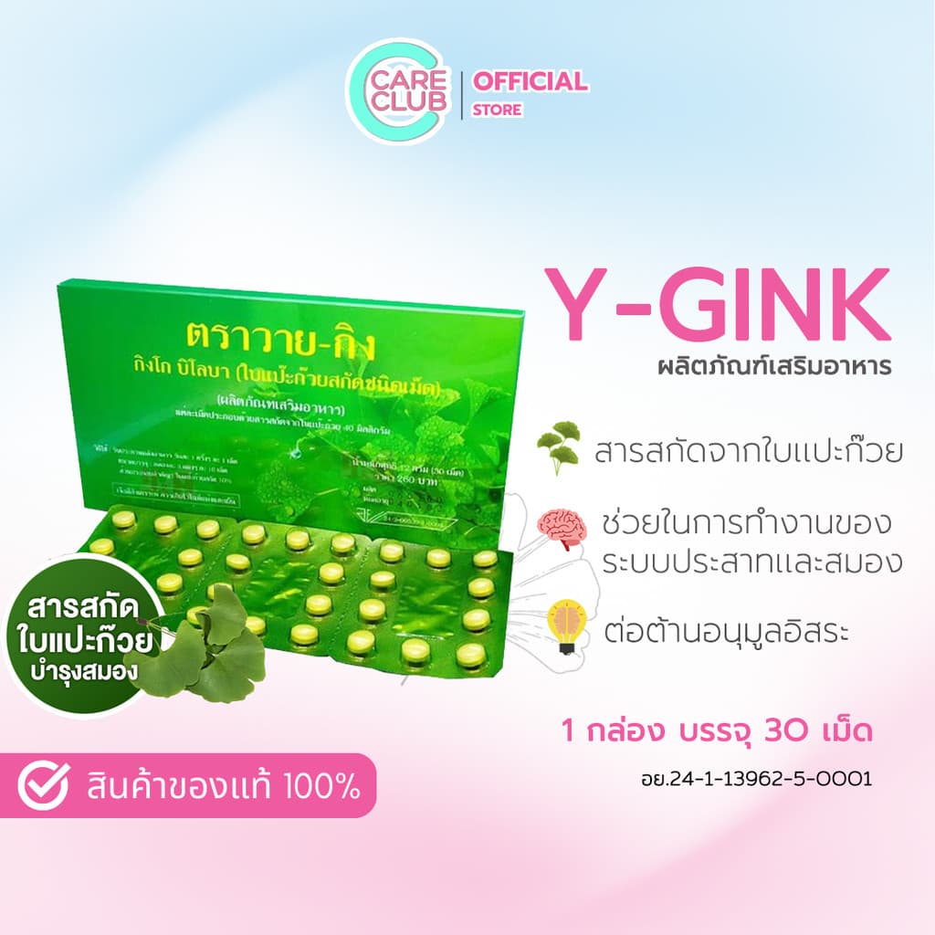 Y-GINK ใบแป๊ะก๊วยสกัด กิงโก บิโลบา ตราวาย-กิง 30 เม็ด รูปที่ 1