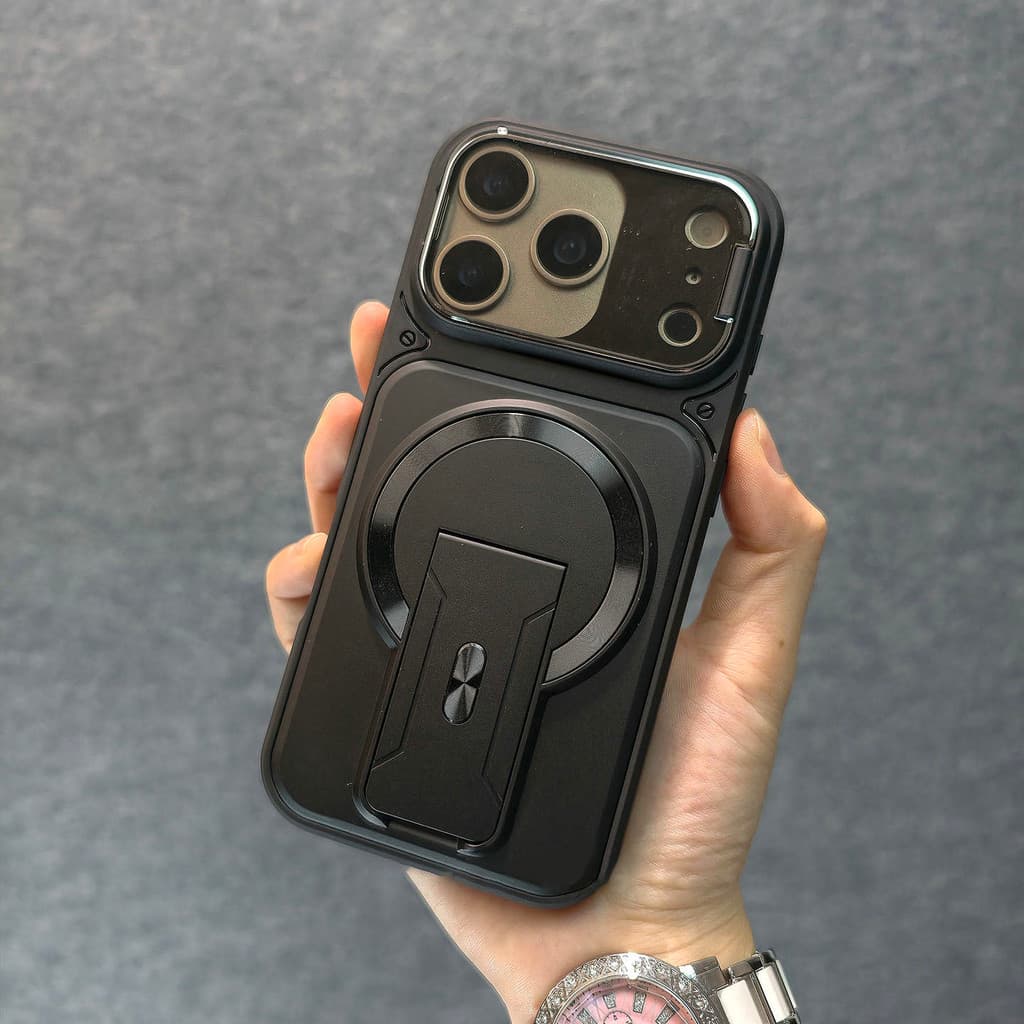 หรูหราขาตั้งพับในตัวสร้างสรรค์พลิกเลนส์ป้องกันป้องกันลายนิ้วมือเคสโทรศัพท์แม่เหล็กสําหรับiPhone 11 12 13 14 15 16 17 Pro Max Air Plusกันกระแทกกลับกรณี รูปที่ 4