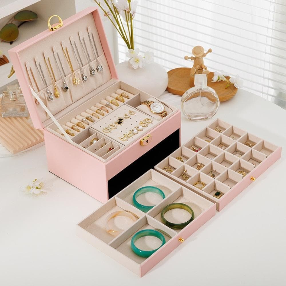 WREN Jewelry Organizer ที่เก็บต่างหูและสร้อยคอสามชั้น​ กล่องเก็บเครื่องประดับความจุขนาดใหญ่พร้อมกุญแจ​ กล่องใส่เครื่องประดับสําหรับเดินทางแบบถือหนัง ปู่​ ตารางโต๊ะเครื่องแป้งองค์กร​ รูปที่ 6