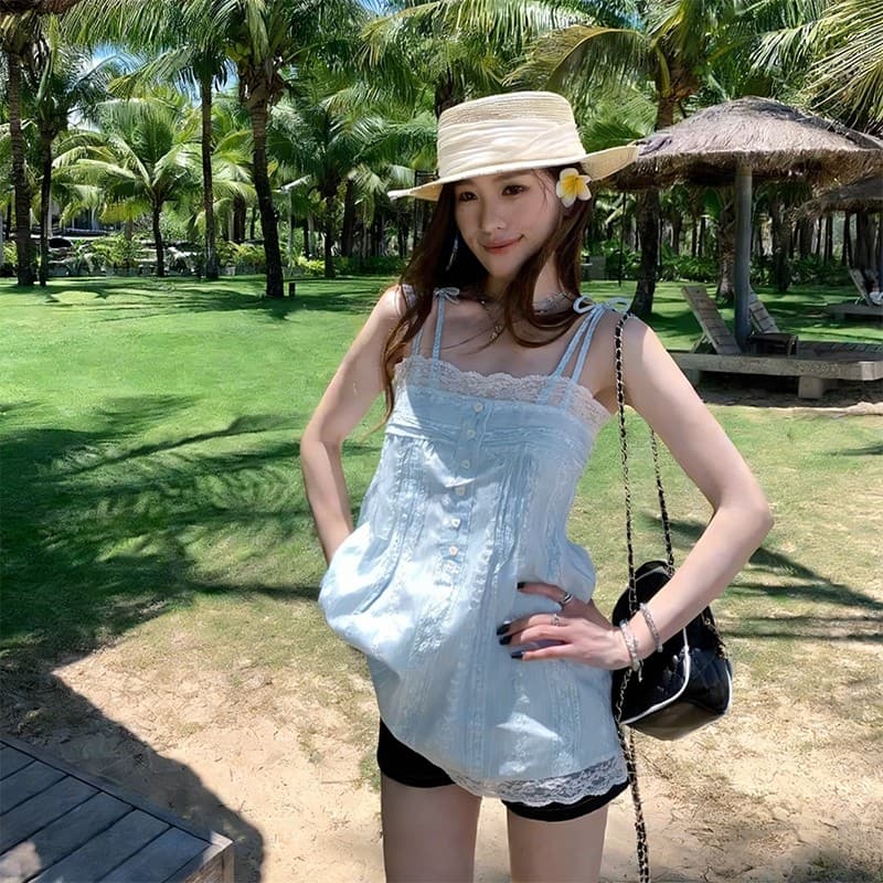 ZIRA เสื้อสายเดี่ยว สไตล์เกาหลี แฟชั่นสุดฮิต ผ้าปั้มนูนลายดอก งานลูกไม้เลส ลูกบานกระดุมหัวใจ ยางยืด น่ารัก รูปที่ 5