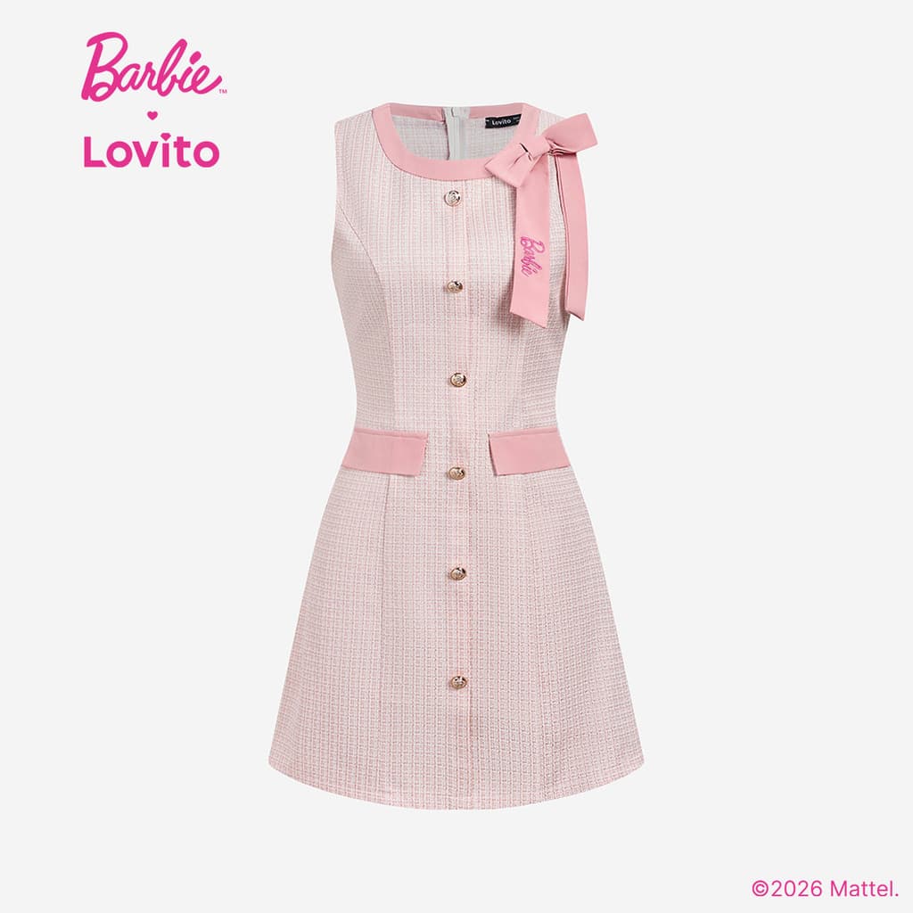 Barbie™ X Lovito เดรสลำลองสีชมพูสำหรับผู้หญิง ดีไซน์สวยหรู ปักลายหวานๆ สีสันสดใส เหมาะสำหรับฤดูใบไม้ผลิ/ฤดูร้อน LB1AD033 รูปที่ 4