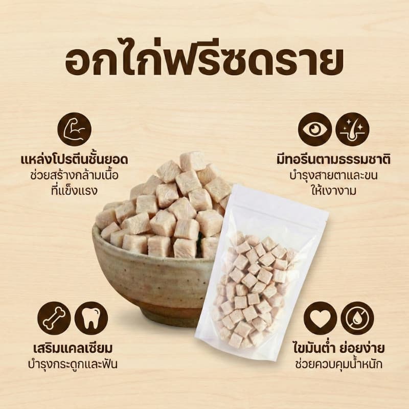 อกไก่ฟรีซดราย เนื้อไก่แท้100% อกไก่เต๋า ฟู้ดเกรด ขนมแมว โปรตีนสูง Freeze Dried รูปที่ 3