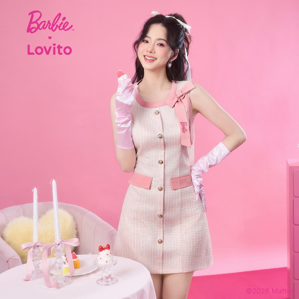 Barbie™ X Lovito เดรสลำลองสีชมพูสำหรับผู้หญิง ดีไซน์สวยหรู ปักลายหวานๆ สีสันสดใส เหมาะสำหรับฤดูใบไม้ผลิ/ฤดูร้อน LB1AD033 รูปที่ 2