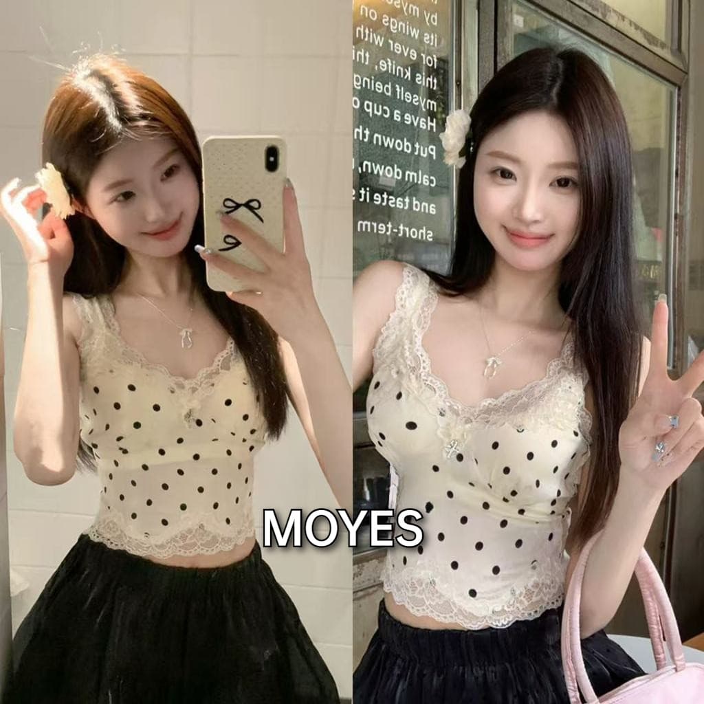 MOYES เสื้อสายเดี่ยวแขนกุดผ้าลูกไม้ลายจุดสีขาวสไตล์เรโทรฝรั่งเศสสำหรับผู้หญิง ดีไซน์ไม่ซ้ำใคร รูปที่ 1