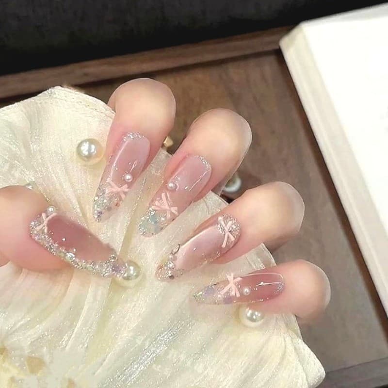 เล็บปลอม โบว์สีชมพู เล็บปลอมติด เล็บปลอมเจล งานแฮนด์เมด Nail ใช้ซ้ําได้ เล็บปลอมกดติดถอดได้ รูปที่ 3