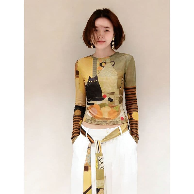 เสื้อยืดผู้หญิงสไตล์เกาหลีเรโทร แขนยาว พิมพ์ลายรอบคอมินิมอล ทรงเพรียวบาง สไตล์ไม่เหมือนใคร รูปที่ 4