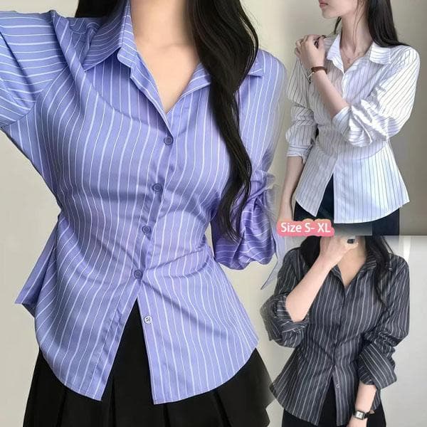 Chili#เสื้อเชิ้ตผู้หญิงลายทาง ทรงเข้ารูป กระดุมแถวเดียว แขนยาว คอวี ดีไซน์ทันสมัยและใช้งานได้หลากหลาย#99301 รูปที่ 1