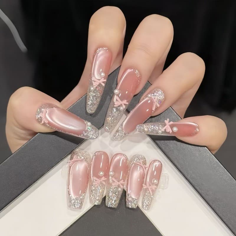 เล็บปลอม โบว์สีชมพู เล็บปลอมติด เล็บปลอมเจล งานแฮนด์เมด Nail ใช้ซ้ําได้ เล็บปลอมกดติดถอดได้ รูปที่ 7