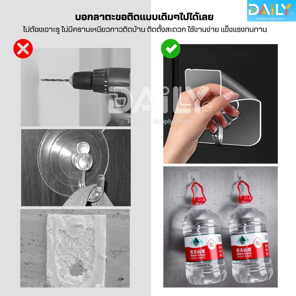 ตะขอติดผนัง ไม่ต้องเจาะผนัง ตะขอแขวนติดผนัง ที่แขวนของ ตะขอแปะผนัง ไม้แขวนผ้า รูปที่ 5