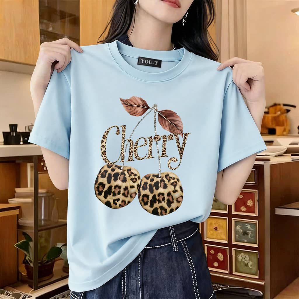 T42.SHOPเสื้อสีขาว เสื้อยืด oversize unisex เสื้อน่ารัก cotton 100% ไม่หดตัวลาย เสื้อไม่ยับ ลาย 'Leopard cherry' รูปที่ 5