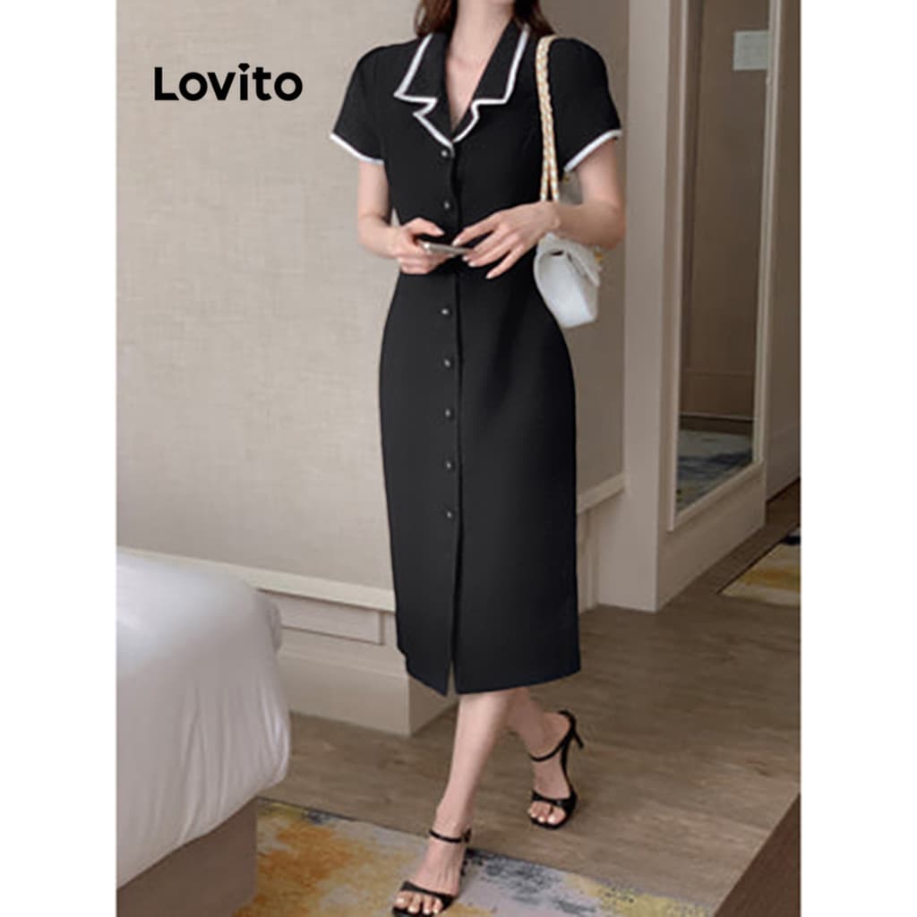 Lovito ชุดเดรสผู้หญิง มีกระดุม สีพื้น แต่งขอบสี สไตล์หรูหรา L104ED692 รูปที่ 3