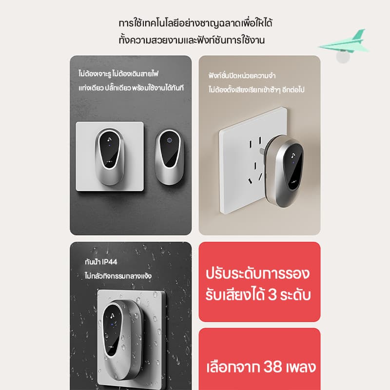 กริ่งประตูไร้สาย ออดไร้สาย กริ่งไร้สาย ระยะการใช้งาน 300M กริ่งประตูบ้าน Wireless Doorbell รูปที่ 5