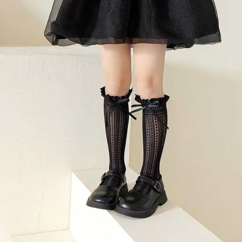 จัดส่งจากประเทศไทยถุงเท้าสูงถึงเข่าสำหรับเด็กผู้หญิง สีพื้น ทำจากวัสดุตาข่ายระบายอากาศ ตกแต่งด้วยโบว์น่ารัก สไตล์ JK รูปที่ 7