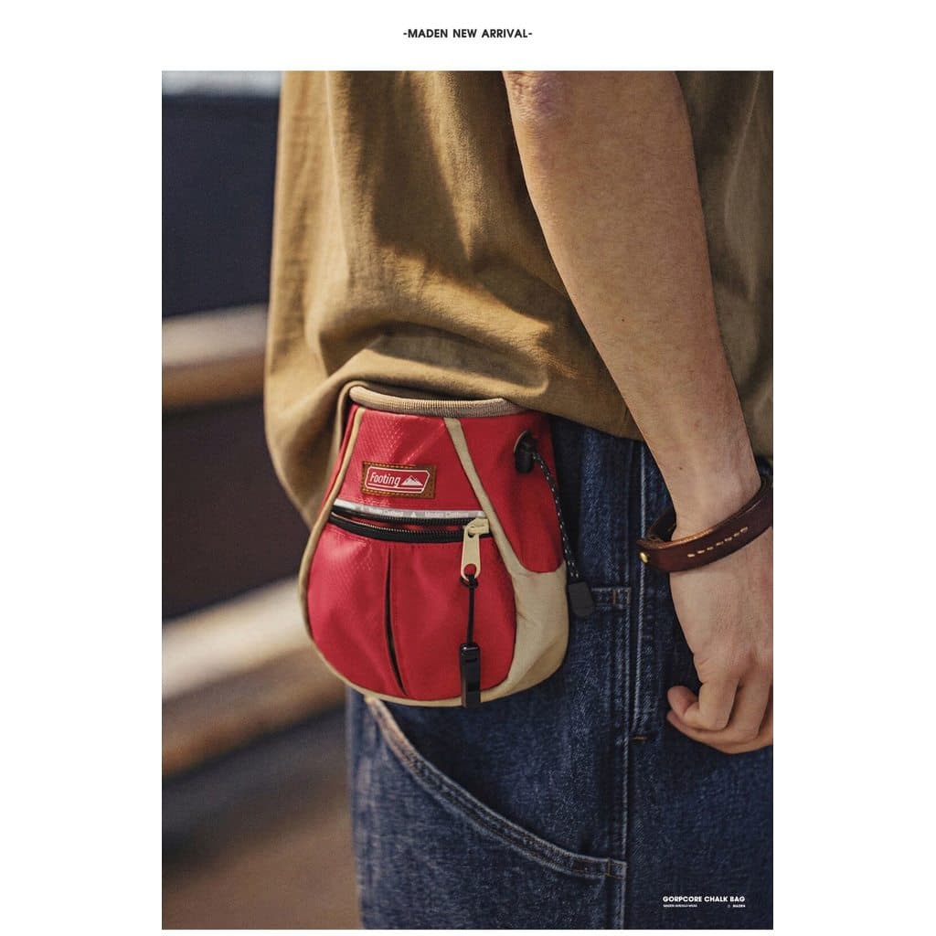 MADEN Men American Mountain Style Chalk Bag Outdoor Crossbody Bag Red Portable Open Top Storage Bag รูปที่ 6