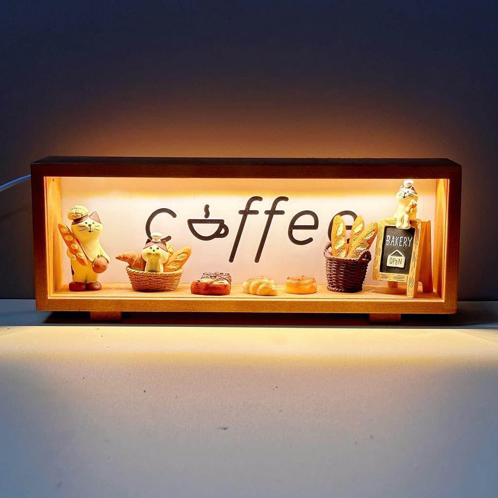กาแฟป้ายกรอบแสงไม้ตารางโคมไฟสําหรับคาเฟ่ไนท์สแตนด์ห้องนอนแขวนผนังภาพกรอบรูปสีน้ําตาลตกแต่งบ้านแสงโดยรอบ รูปที่ 3