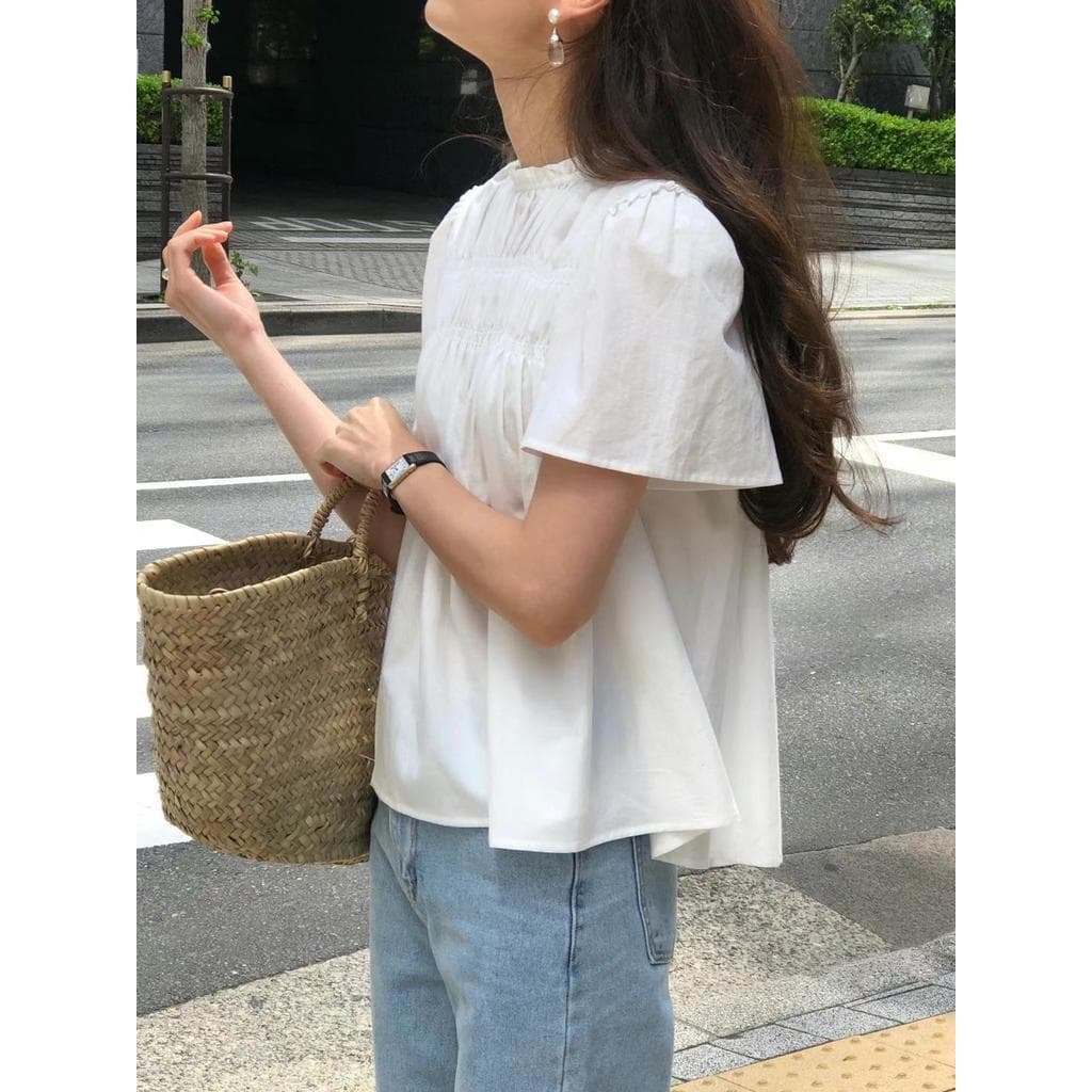Baby Grape เสื้อเชิ้ตแขนพองผู้หญิง แขนสั้น เสื้อทรงหลวม ลำลอง ลูกไม้ ระบาย สไตล์เกาหลี#W628 รูปที่ 6