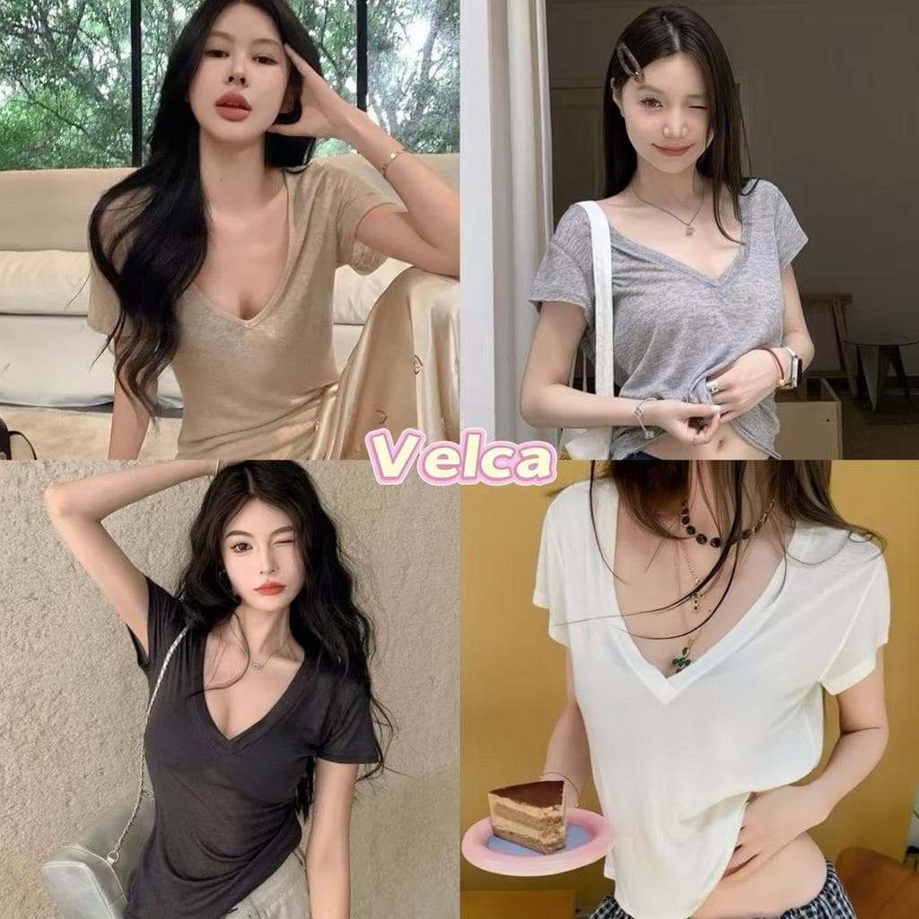 Velca จากไทย เสื้อท่อนบน คอวี แขนสั้น ป้องกันแดด สไตล์หวานเซ็กซี่ ลุคสบายๆ รูปที่ 1